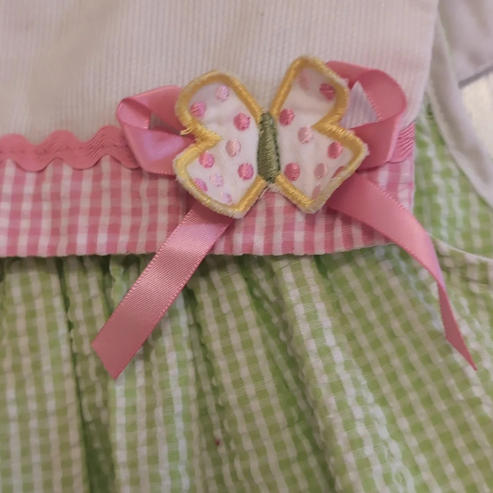 Samara Seersucker Toddler Dress. Flower Butterfly Applique. Size 24 Months